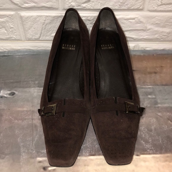 Stuart Weitzman Dark Brown Perforated Suede Low Heel Pumps Buckle women’s 11 - Picture 2 of 9
